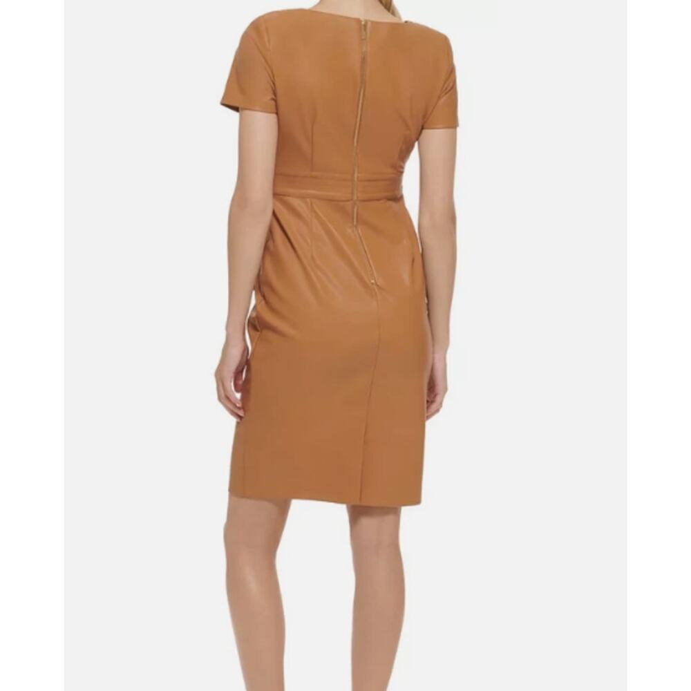 Calvin Klein Tan Faux Leather Belted Knee Length Sheath Dress Short Sleeve Sz 6 - Picture 5 of 7
